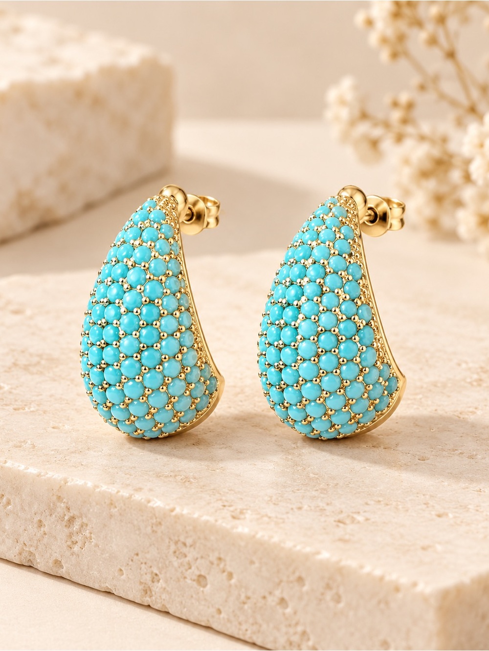 Source Unknown Gold Teardrop Earrings with Turquoise Beads